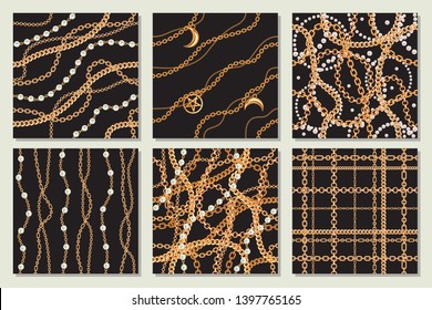 Set collection of samless pattern backgrounds with pears and chains golden metallic necklace. On black. Vector illustration.