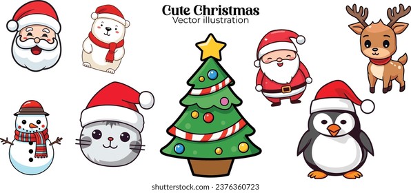 Set Collection of Santa Claus, Snowman, Reindeer, Cat, Polar Bear, Tree, Penguin for a Cute Funny Kids Christmas Party. Vector Illustration