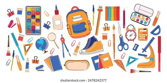 Conjunto y colección del material escolar. Educación. Preescolar, primaria, media y alta. Fondo de diseño de moda. Mochila, pluma, lápiz, pintura, Clip de papel, calculadora, cuaderno, microscopio. Equipamiento