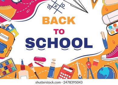 Set and collection of school supply. Online education. Preschool, elementary school, middle and high.  Trendy design. School backpack, pens, pencils, paints, . Scientific Equipment. Stickers