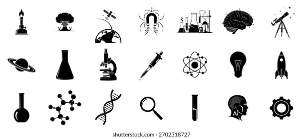 Conjunto de Colección de íconos de ciencia y tecnología que representan diversos campos de estudio científico y avance tecnológico