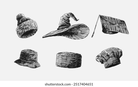 Definir coleção rabiscar desenho de gorro chapéu, chapéu de bruxa, boné de graduação, chapéu de balde, chapéu muçulmano e chapéu de chef. Ilustração vetorial.