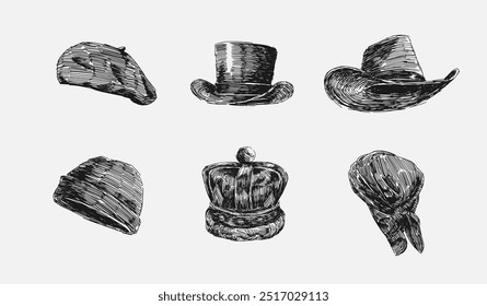 Definir coleção rabiscar desenho de chapéu de boina, chapéu de topo, chapéu de cowboy, gorro, coroa e bandana. Ilustração vetorial.