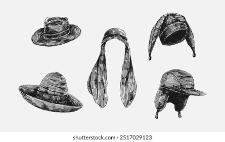 Definir coleção rabiscar desenho de chapéu fedora, keffiyeh, chapéu sombrero, chapéu jester, e chapéu trapper. Ilustração vetorial.