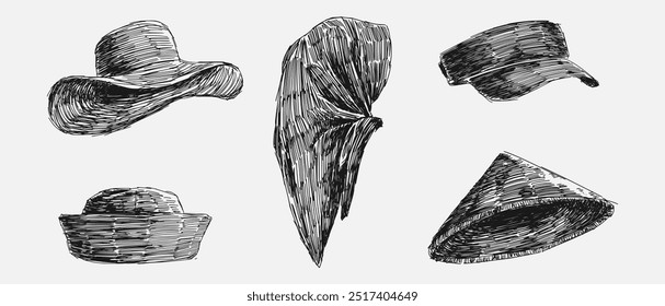 Definir coleção rabiscar desenho de chapéu de palha, hijab, viseira, chapéu de marinheiro, e caping ou chapéu de fazendeiro. Ilustração vetorial.