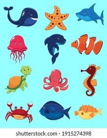 Set of collection of sea animals underwater. Whale, shark, dolphin, octopus, clown fish, turtle, starfish, horse, hedgehog, fish, jellyfish. Vector illustration