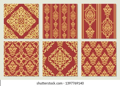 Set collection of seamless damask patterns. Gold and red textures in vintage rich royal style. Vector illustration. 