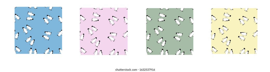 Set collection of seamless pattern with  penguin Animal illustration perfect for design greeting cards, prints, flyers,cards,holiday invitations and more.Vector card on color background 