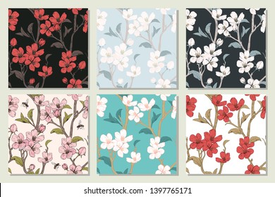 Set collection with seamless patterns. Blooming tree flowers. Spring floral texture. Hand drawn botanical vector illustration. Cherry blossom branches