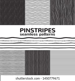 Set, collection of seamless vector striped patterns. Pinstripes, thin stripes, narrow streaks, uneven textured bars, wavy lines, waves. Black and white hand, brush, chalk, crayon drawn backgrounds.