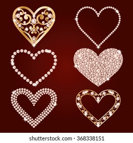 Set collection of shiny hearts. Made with diamonds and gold. Isolated on the burgundy background. Valentines day love symbols. Vector illustration.