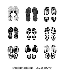 Set Of Collection Shoe Prints Illustrations Vector Clip Art. Footprint Black Color With White Background.