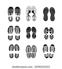 Set Of Collection Shoe Prints Illustrations Vector Clip Art. Footprint Black Color With White Background.