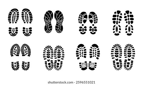 Set Of Collection Shoe Prints Illustrations Vector Clip Art. Footprint Black Color With White Background.