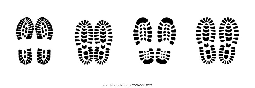 Set Of Collection Shoe Prints Illustrations Vector Clip Art. Footprint Black Color With White Background.