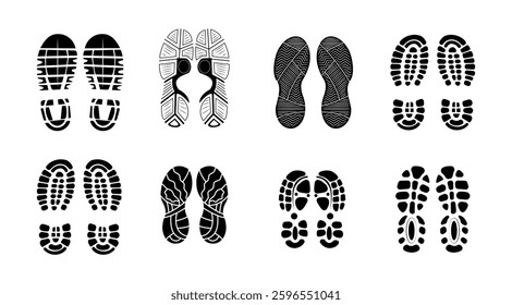 Set Of Collection Shoe Prints Illustrations Vector Clip Art. Footprint Black Color With White Background.
