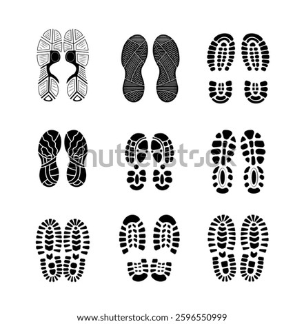 Set Of Collection Shoe Prints Illustrations Vector Clip Art. Footprint Black Color With White Background.