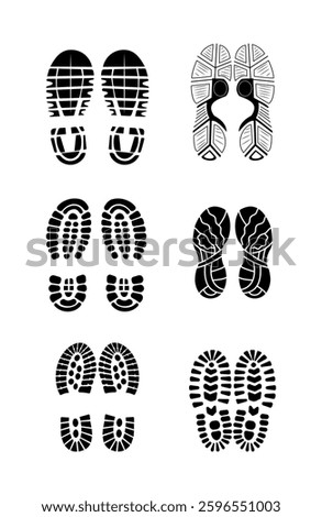 Set Of Collection Shoe Prints Illustrations Vector Clip Art. Footprint Black Color With White Background.