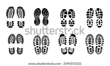 Set Of Collection Shoe Prints Illustrations Vector Clip Art. Footprint Black Color With White Background.