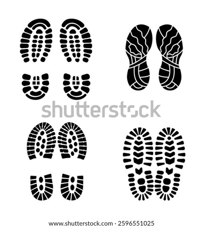 Set Of Collection Shoe Prints Illustrations Vector Clip Art. Footprint Black Color With White Background.