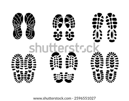 Set Of Collection Shoe Prints Illustrations Vector Clip Art. Footprint Black Color With White Background.