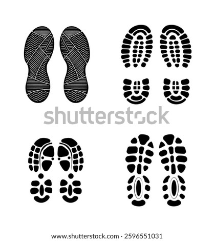 Set Of Collection Shoe Prints Illustrations Vector Clip Art. Footprint Black Color With White Background.
