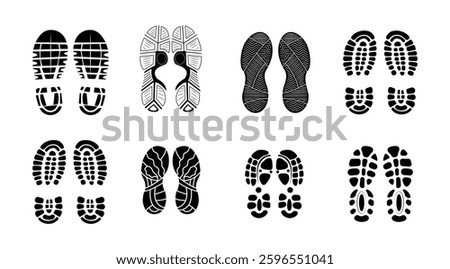 Set Of Collection Shoe Prints Illustrations Vector Clip Art. Footprint Black Color With White Background.