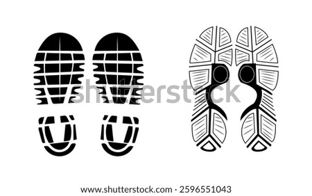 Set Of Collection Shoe Prints Illustrations Vector Clip Art. Footprint Black Color With White Background.