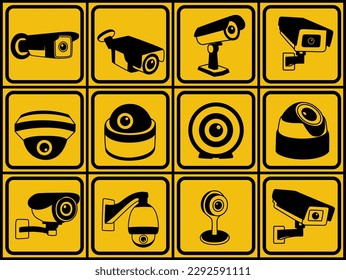 Set Collection sign CCTV in operation icon labels. Security Camera design vector illustration