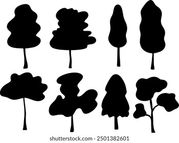set collection of silhouette autumn trees and branch, vector illustration on white