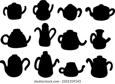 set collection of silhouette teapot and kettle, vector illustration on white