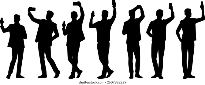 set collection of silhouettes of men taking selfies