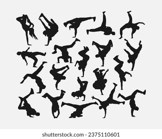 colección de siluetas de veinte personas, bailarines callejeros hombres y mujeres, breakdance. ilustración vectorial.