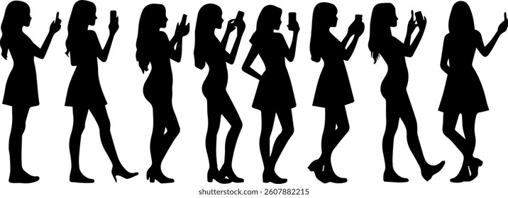 set collection of silhouettes of women taking selfies