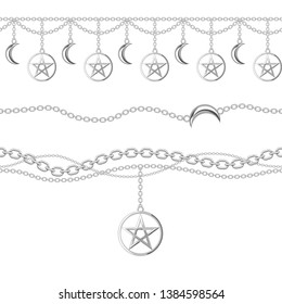 Set collection of silver metallic chain borders with pentagram and moon pendant. On white. Vector illustration.