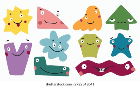 Conjunto de colección de figuras abstractas doodle de colores lindos simples con emociones de la cara. Personajes divertidos. 