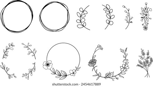 set, collection of simple leaves and branches, hand drawn flower wreath, Vintage floral wreath for romantic invitations.