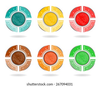 Set, collection of six colorful pie charts, diagrams, white background
