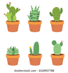 Set collection of six different illustrations of cactus and succulents in pots