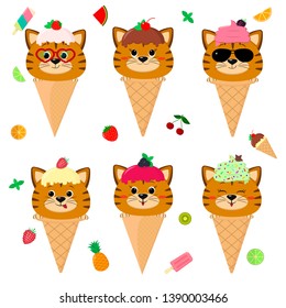 Set collection of six red cat in the image of ice cream. A frosting ice cream with a berry, in a cartoon style, sits in a waffle cone on the head. Fruits and berries. Flat, vector illustration.
