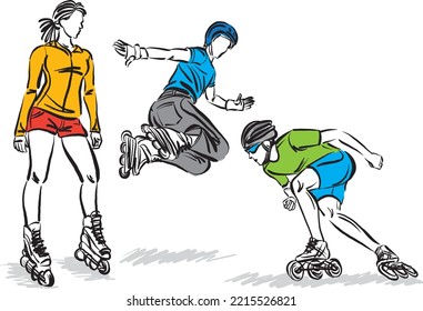 set collection skate in line roller skater young sports recreation vector illustration