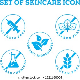 Set collection of skincare logo icons (steroid free, no harsh chemical, organic ingredients, paraben free, gluten free)