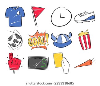 set collection of soccer. concept of sports, football, equipment, etc. hand drawn vector illustration.