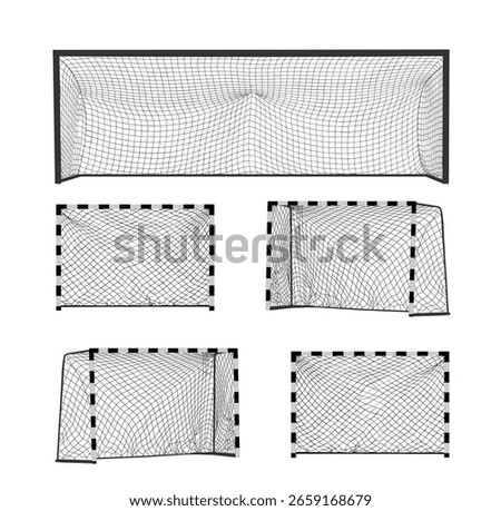 Set collection of Soccer goal net construction vector silhouette illustration isolated on white background. Empty football goal. Sport equipment symbol. Handball goal, futsal. Playground outdoor.