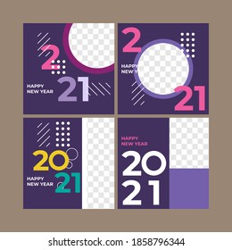 conjunto o colección de plantillas de publicaciones en medios sociales Feliz Año Nuevo 2021. estilo memphis geométrico. rosa morado verde amarillo. tipografía número 2021. se puede utilizar para cubiertas, banners, marcos.