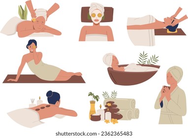 Set collection of spa and massage illustration. Woman relaxing in spa, beauty treatment. Flat design illustration