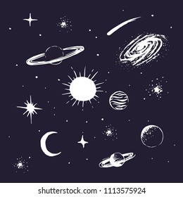 set collection of space objects.Universe elements.Hand drawn style.Vector illustration