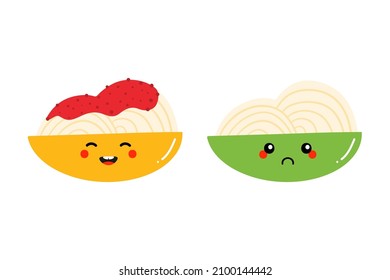 Set, collection of spaghetti dish with tomato sauce characters for food design. Happy and sad spaghetti dish characters.
