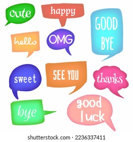 set collection speech bubbles of cute, hello, sweet, bye, happy, OMG, SEE YOU, GOOD BYE, thanks, good luck. message, communication, dialog, cartoon, thought, chat, speak. vector design illustration