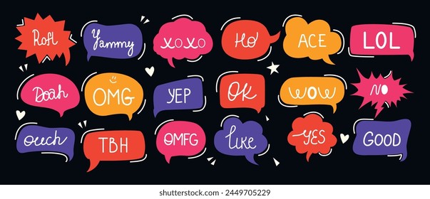 Set and collection of speech bubbles and talks clouds with phrases. Quotes. Calligraphy and lettering. Conversation with words. Scribbles elements. Editable stroke, y2k speak, text and textbox.